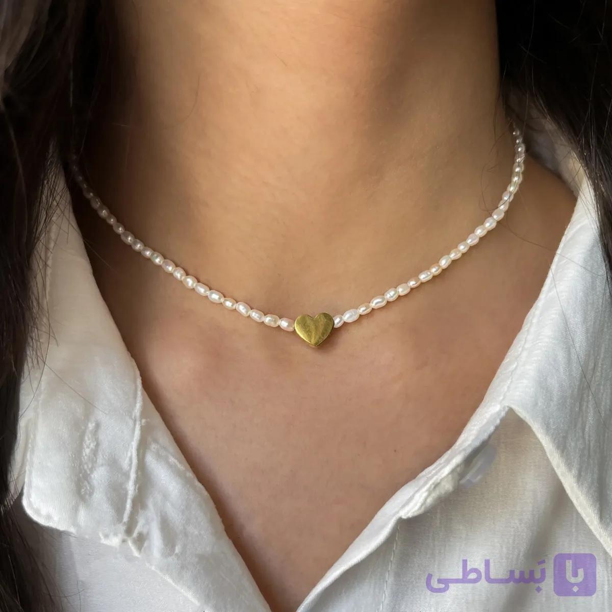 گردنبند مروارید دلارام با پلاک قلب استیل — تصویر 1