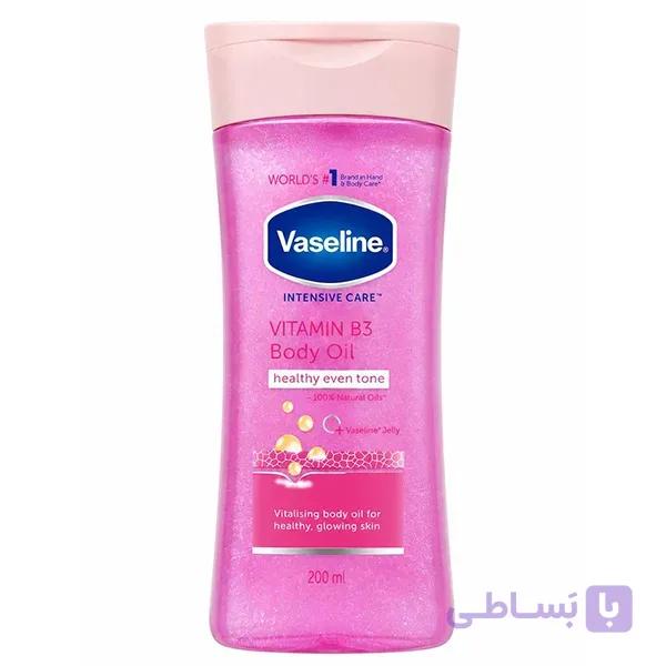 روغن شاین و روشن کننده بدن وازلین حاوی ویتامین B3 و گل رز حجم ۲۰۰ میل | ژل روغنی یکدست کننده رنگ پوست بدن Vaseline Vitamin B3