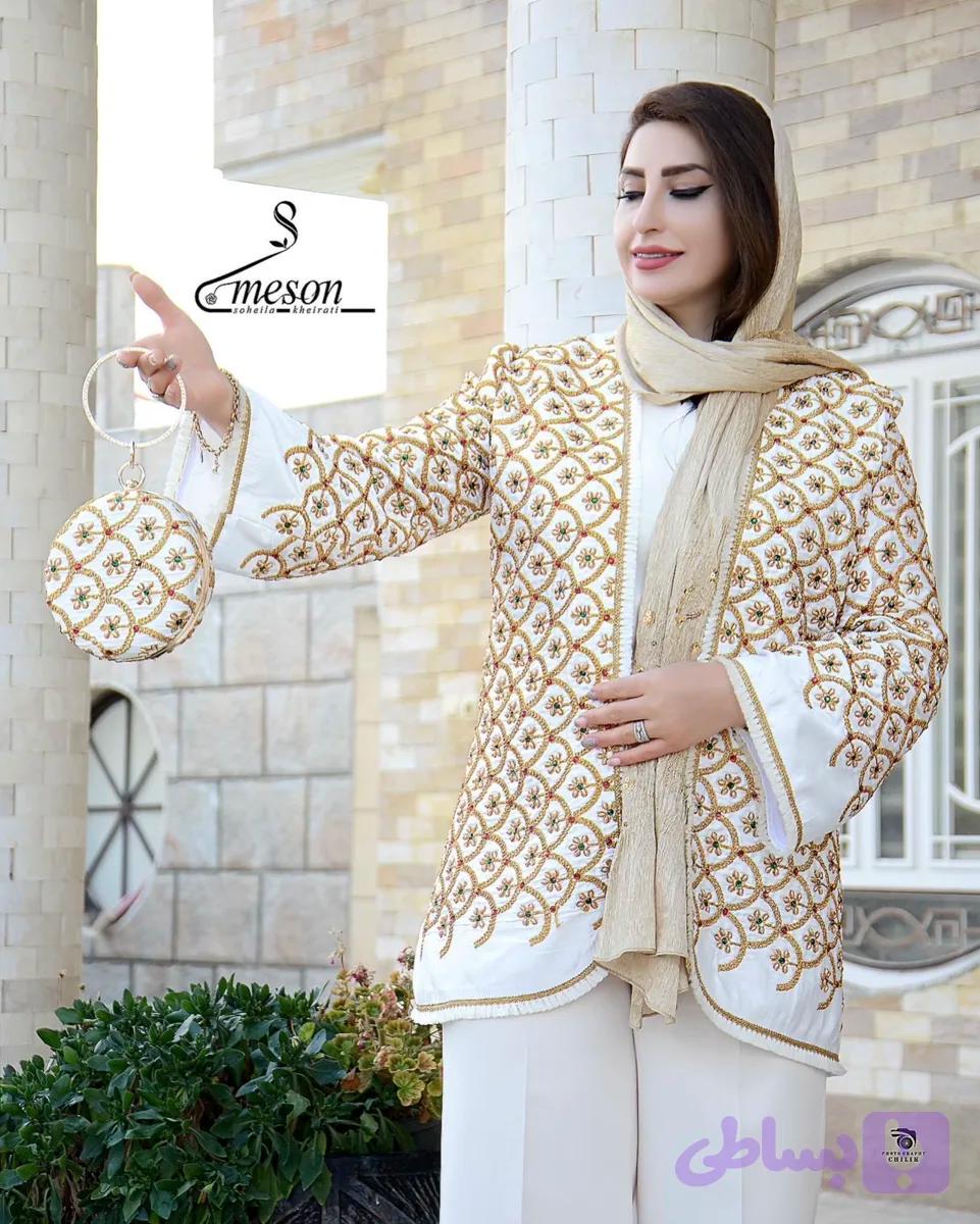 کت زنانه مجلسی دارای کیف جنس ساتن سوزندوز رنگ سفید