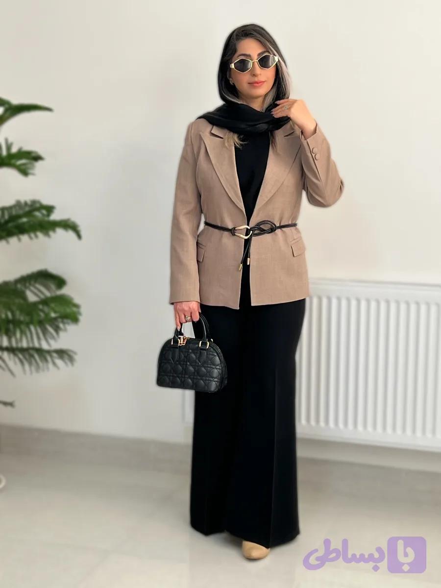 کت زنانه به همراه کمربندجنس گاباردین رنگ موکا