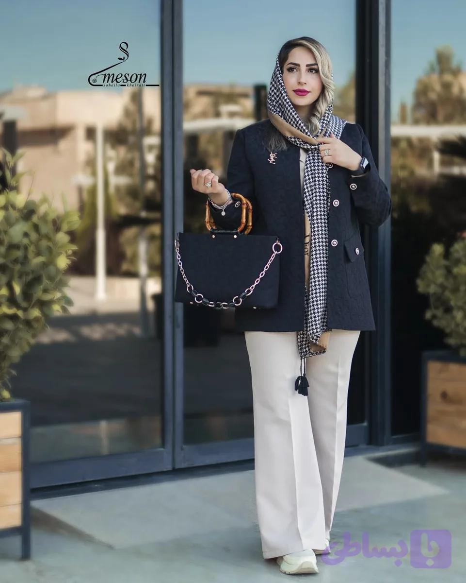 کت زنانه مجلسی به همراه کیف جنس ژاکارد برجسته رنگ مشکی
