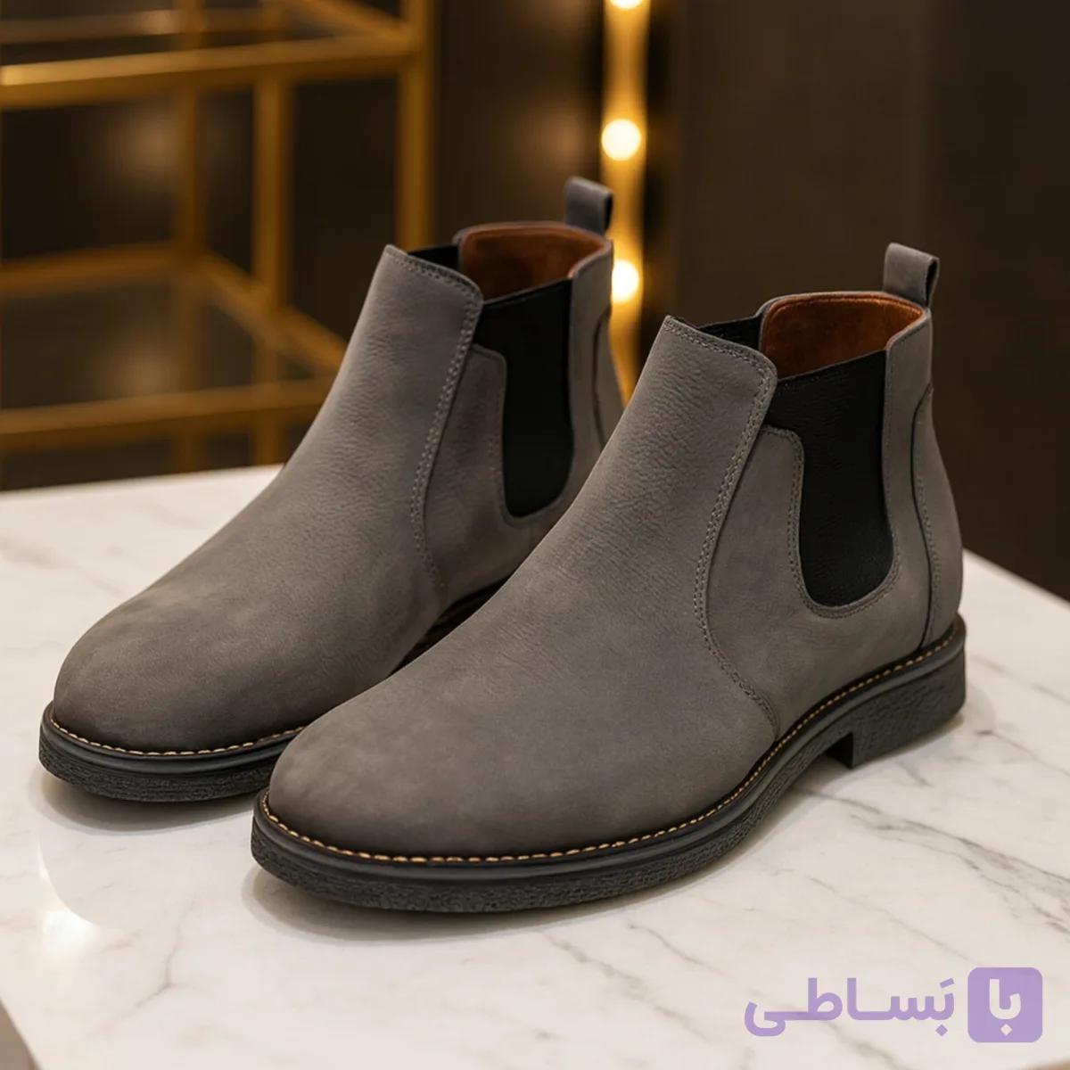 نیم بوت چرم مردانه کد NB064GR رنگ طوسی