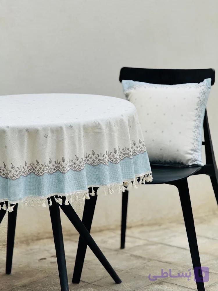 رومیزی گرد مخمل شانل  طرح حاشیه آبی ضد لک کد 597 — تصویر 1