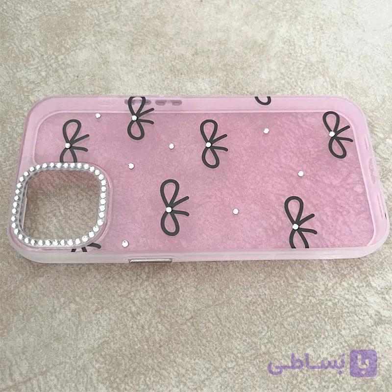 قاب گوشی iPhone 15 آیفون صورتی طرح پاپیون نگین دار کد 1122 — تصویر 1