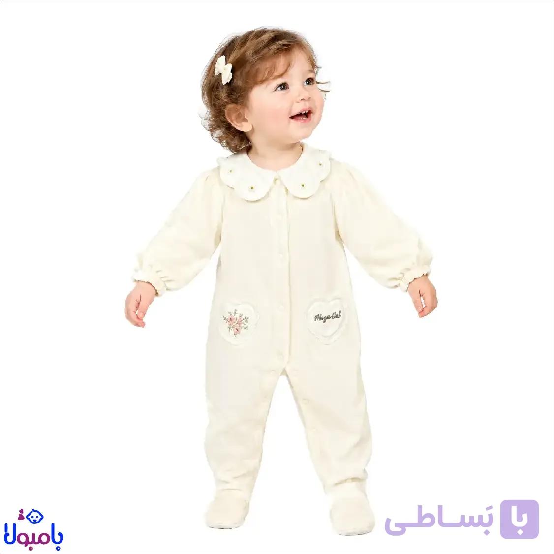 سرهمی جورابدار مخمل پاییزه کرمی -وارداتی 0تا12ماهگی — تصویر 1
