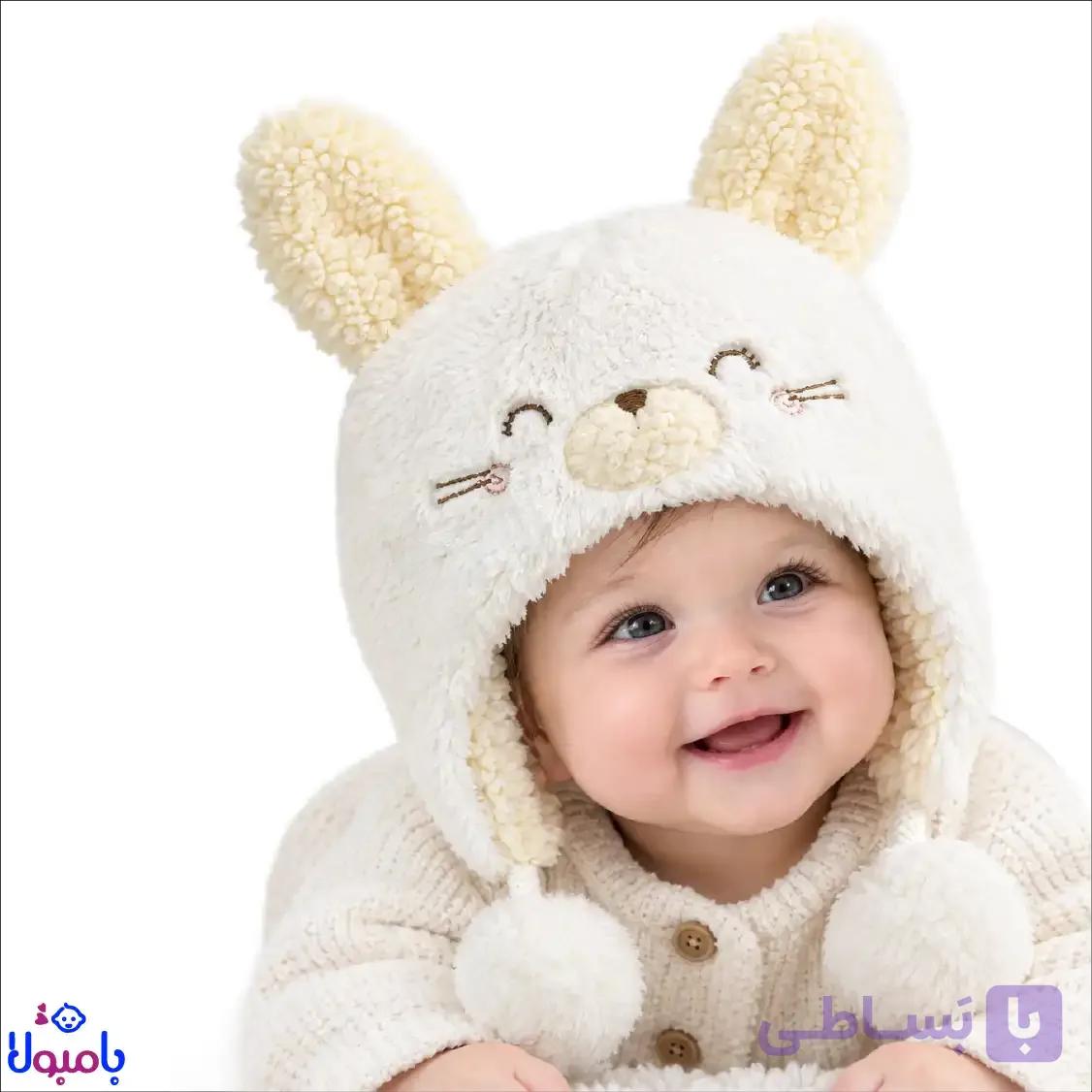 کلاه خزدار نوزادی طرح گربه ملوس مدل پوم دار از 6تا18 ماهگی — تصویر 1