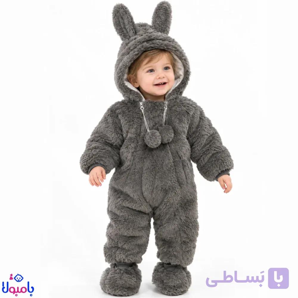 کاپشن سرهمی خزدار نوزاد مدل کلاهدار نسکافه ای تا یک سالگی — تصویر 1