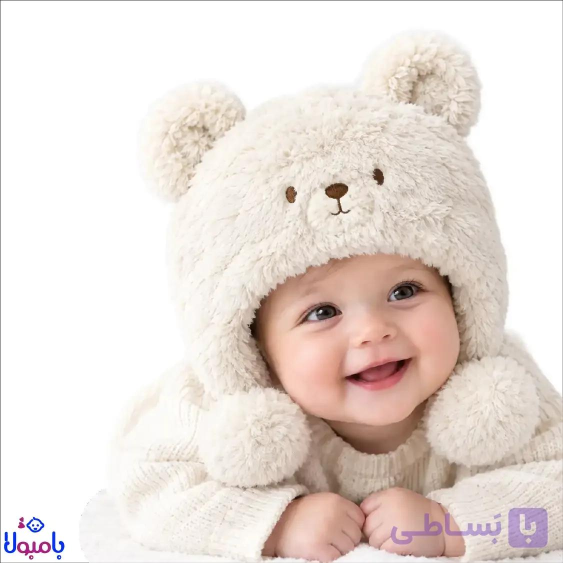 کلاه زمستونی پولیشی نوزادی طرح خرسی مدل پوم دار از 6تا18 ماهگی — تصویر 1