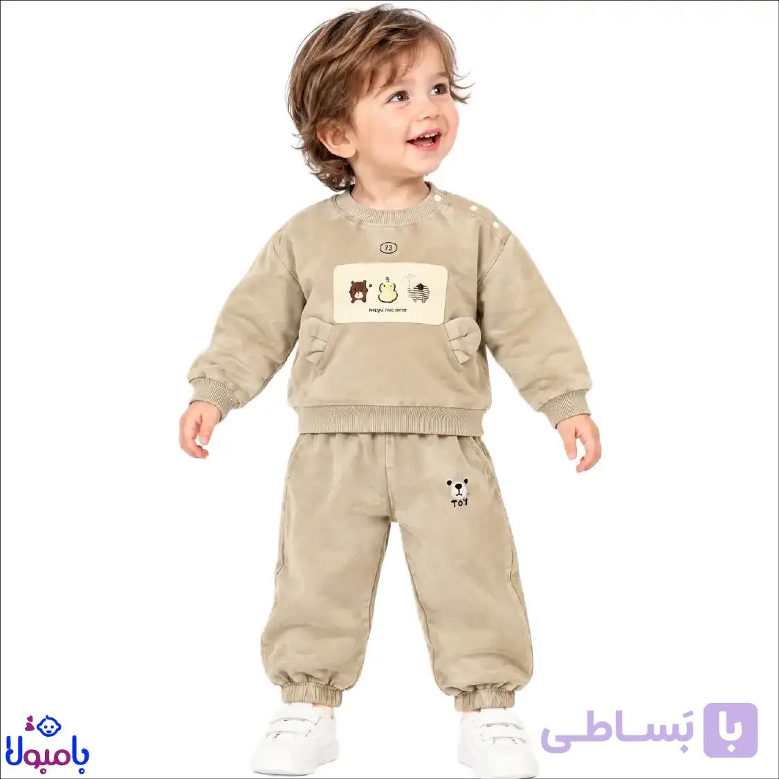ست بلوز و شلوار پاییزه مخمل کرم- وارداتی 3تا18ماهگی — تصویر 1