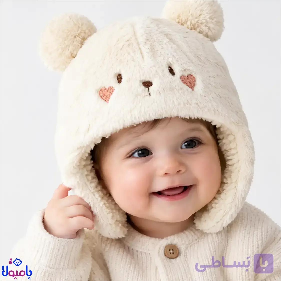 کلاه زمستونی پولیشی نوزادی خرس کرم طرح قلبی از 6تا12ماهگی — تصویر 1