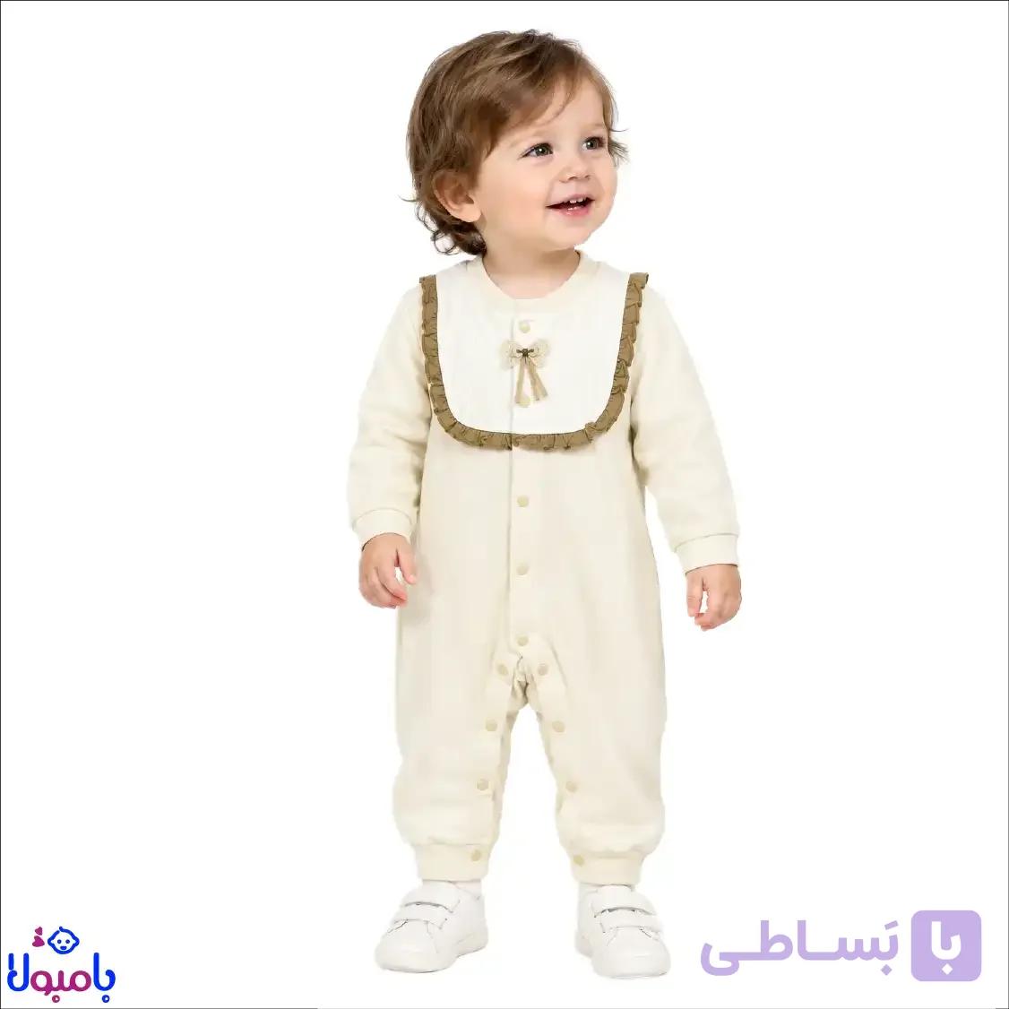 سرهمی نوزادی کرم پاییزه مدل پاپیونی از 0تا12ماهگی — تصویر 1
