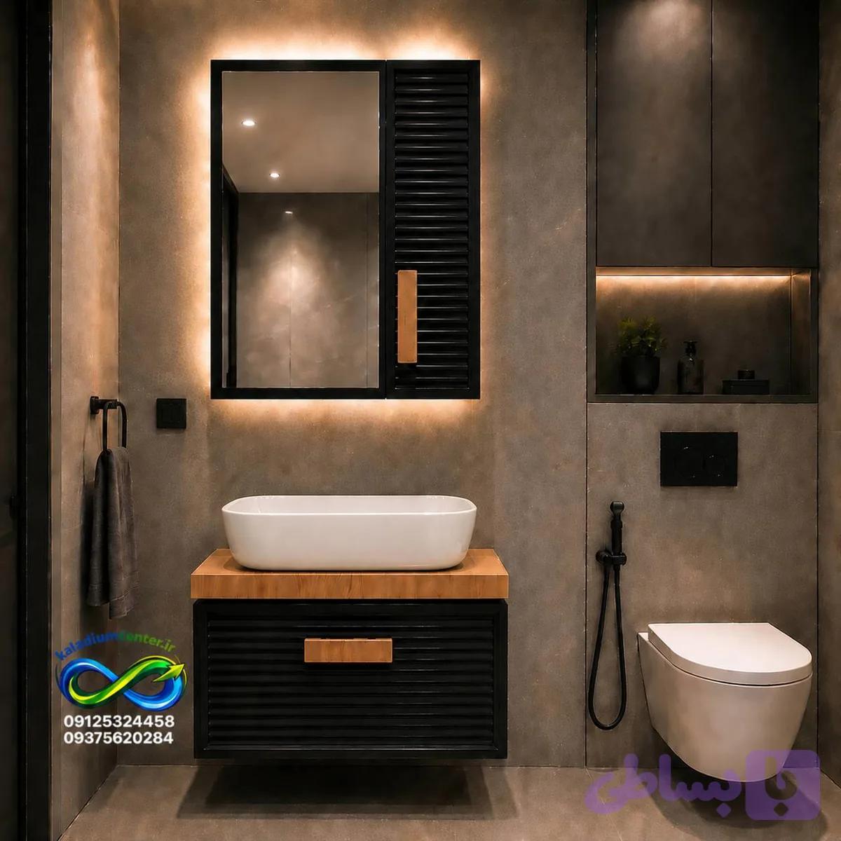 روشویی کابینتی مدرن مشکی و طرح چوب زرین نیک 40×60 کد ZN8486 — تصویر 1