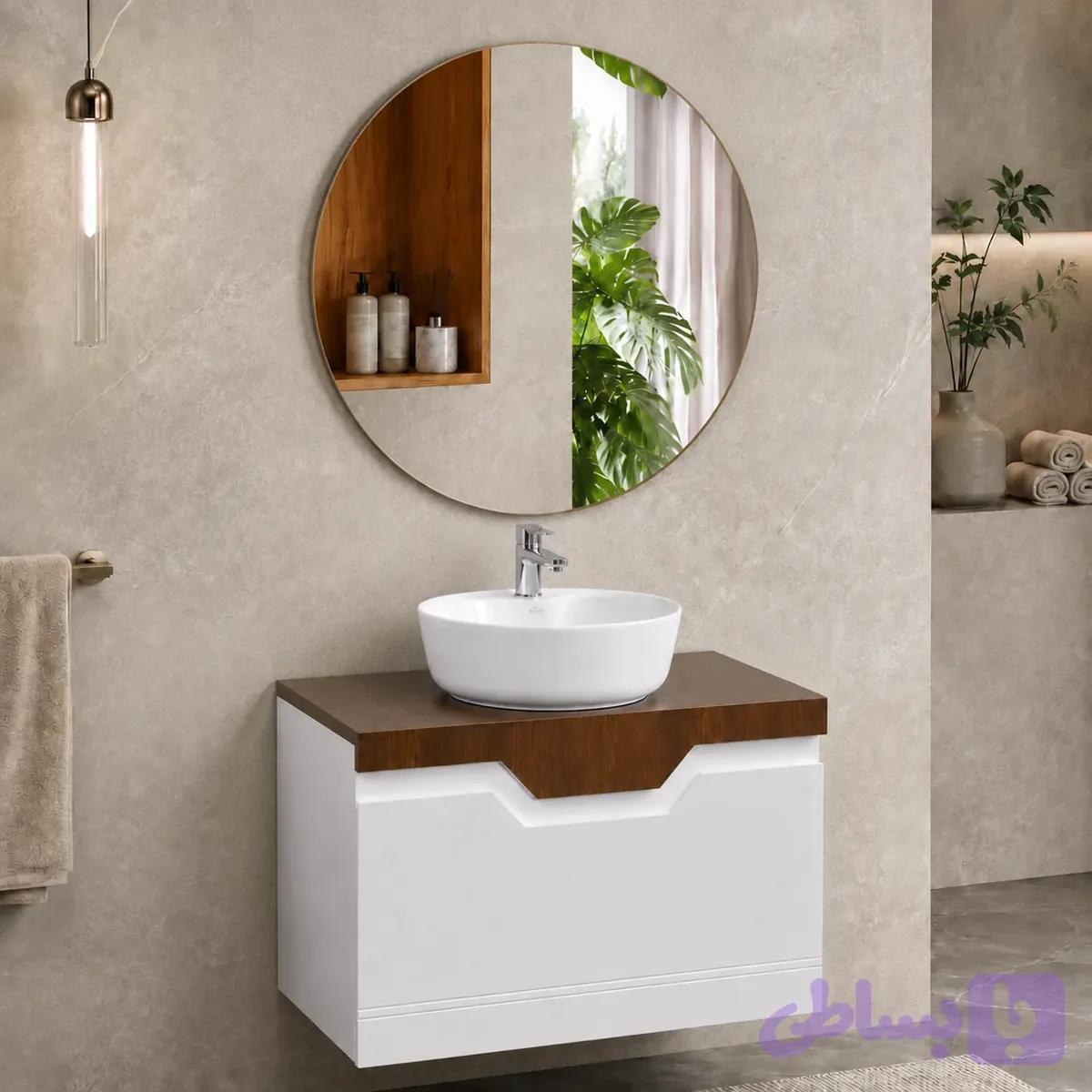 روشویی کابینتی مدرن سفید و طرح چوب زرین نیک 40×60 کد ZN8491 — تصویر 1