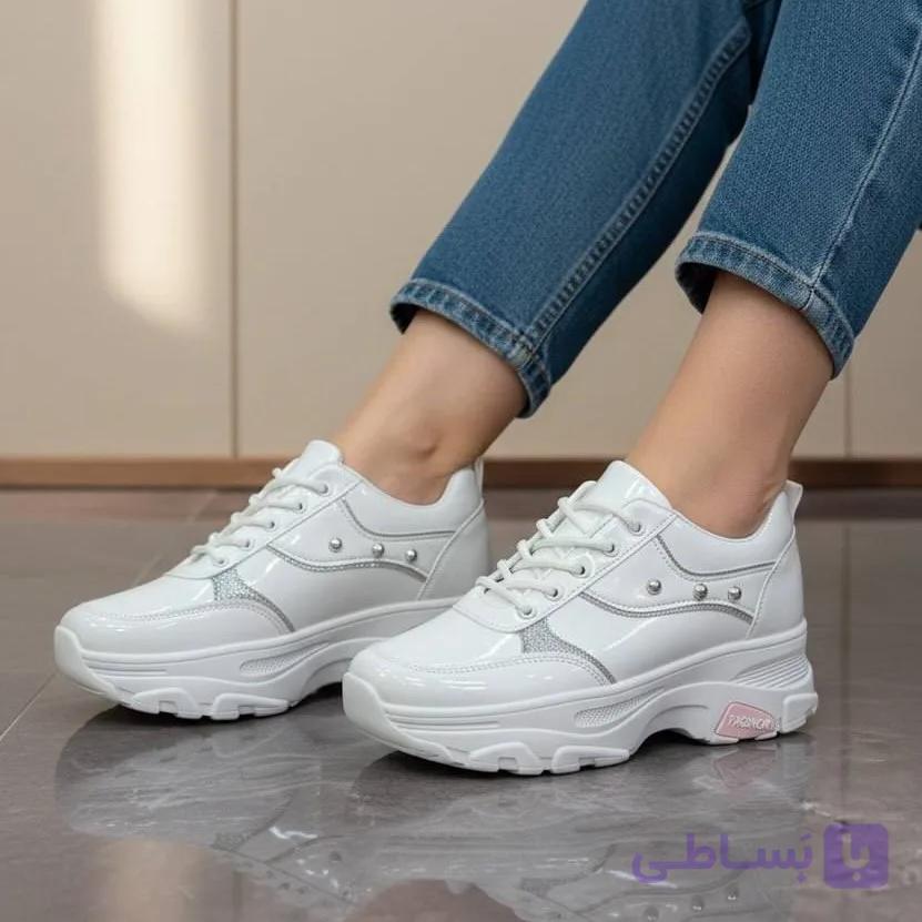 کتونی اسپرت لژدار فانتزی سفید نقره‌ای ورنی Women’s Platform Fashion White Silver Patent Sneakers — تصویر 1