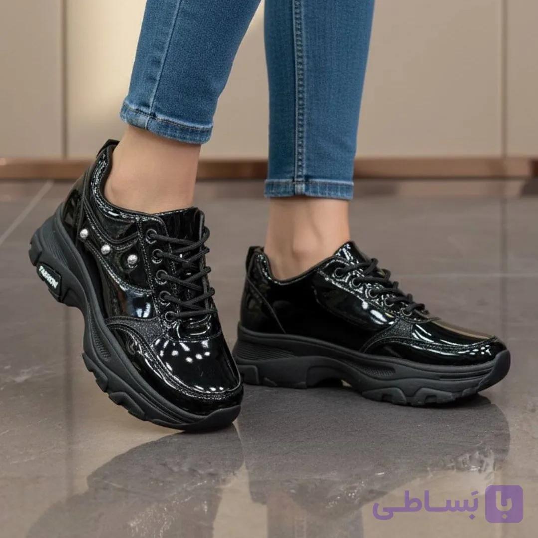 کتونی اسپرت لژدار فول مشکی ورنی Women’s Platform Full Black Patent Sneakers — تصویر 1