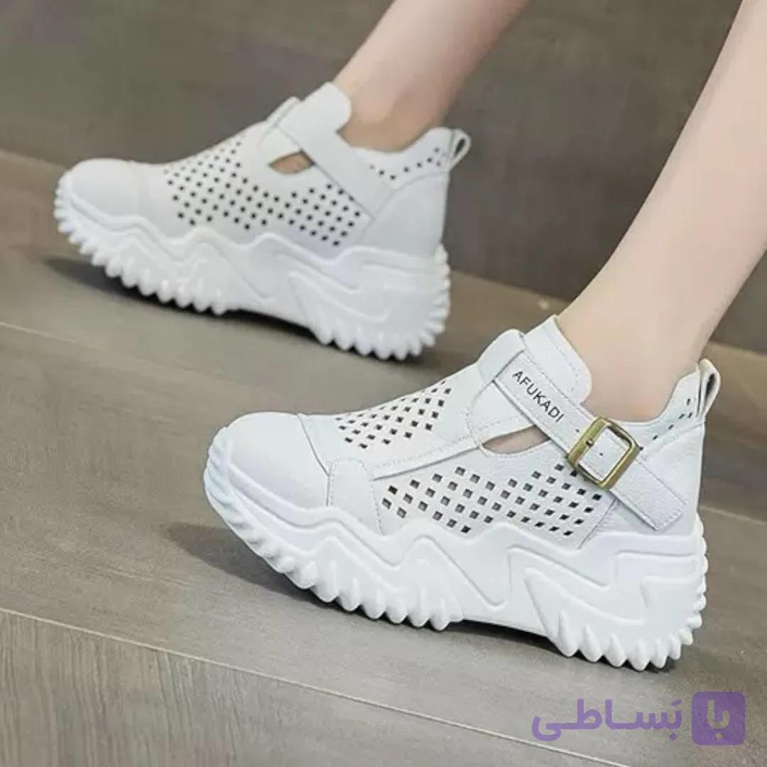 کتونی لژ مخفی لژدار زنانه رویه تنفسی تمام سفید Women’s Hidden Platform Breathable All White Sneakers — تصویر 1