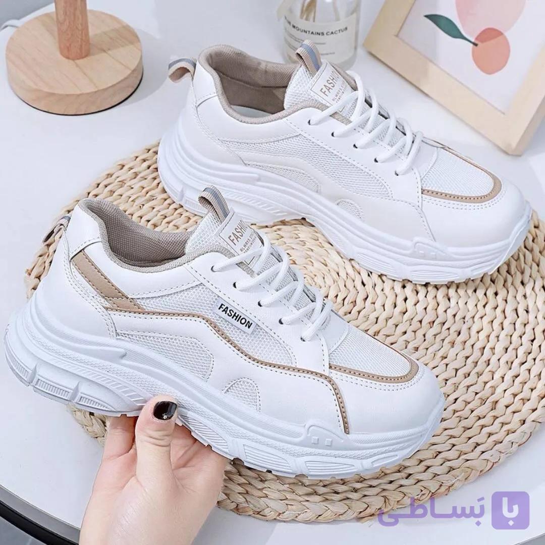 کتونی اسپرت لژدار طبی مدل چونه فانتزی سفید کرم Women’s Chunky Platform Orthopedic White Cream Fashion Sneakers