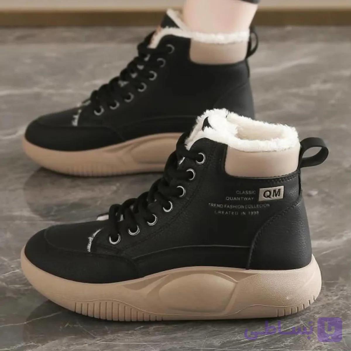 نیم بوت خزدار ضد آب مشکی کرم Waterproof Fur Lined Black Beige Boots — تصویر 1
