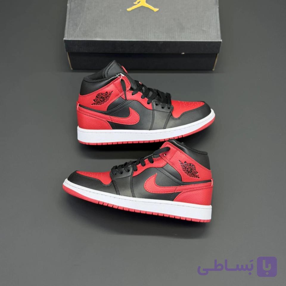 کفش نایک ایر جردن وان ساقدار مید بند برد 2020 مشکی قرمز Nike Air Jordan 1 Mid Bred 2020 Black Red — تصویر 1