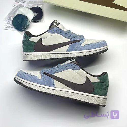 کفش نایک ایر جردن وان لو تراویس اسکات آبی سبز سوئد Nike Air Jordan 1 Low Travis Scott Blue Green Suede — تصویر 1