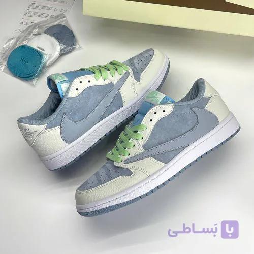کفش نایک ایر جردن وان لو تراویس اسکات آبی سفید سوئد Nike Air Jordan 1 Low Travis Scott Blue White Sweden — تصویر 1