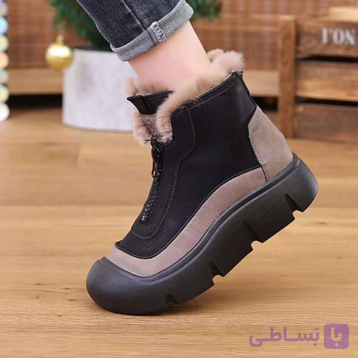 نیم بوت زیپ دار خزدار مشکی Black Fur Lined Zip Boots — تصویر 1