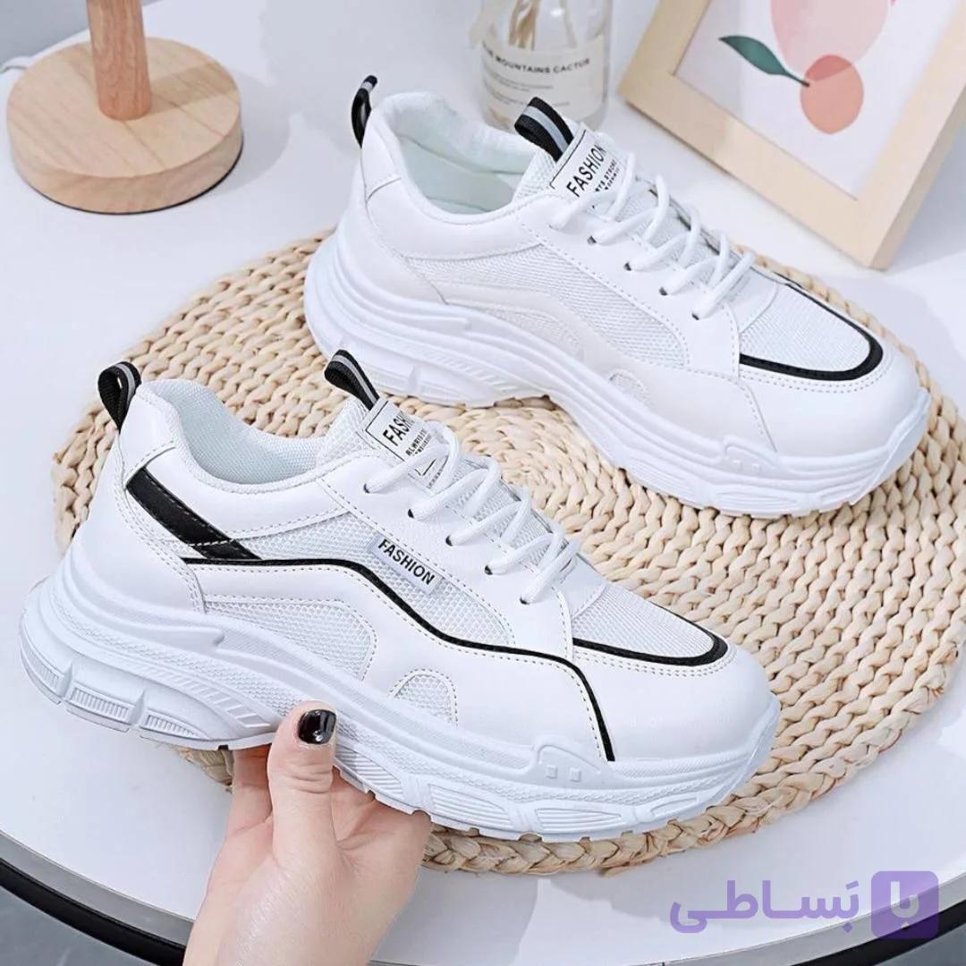 کتونی اسپرت لژدار طبی مدل چونه فانتزی سفید مشکی Women’s Chunky Platform Orthopedic White Black Fashion Sneakers — تصویر 1