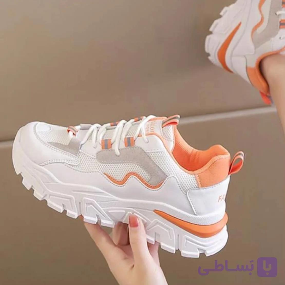 کتونی اسپرت لژدار زنانه طبی موج سفید نارنجی Women’s Platform Orthopedic Wave White Orange Sneakers — تصویر 1