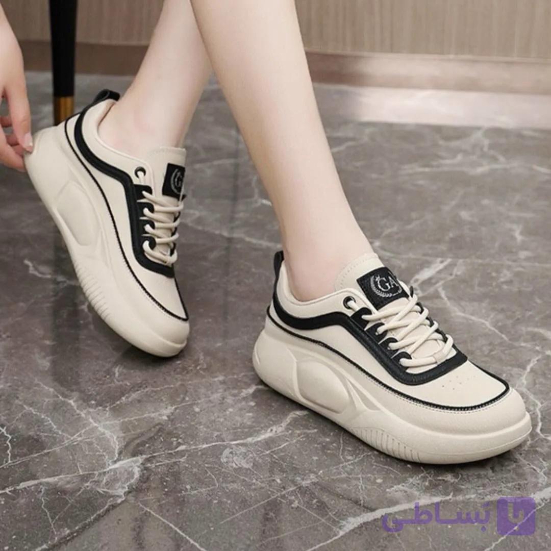 کتونی اسپرت لژدار طبی زنانه فانتزی کرم مشکی Women’s Platform Orthopedic Cream Black Fashion Sneakers — تصویر 1