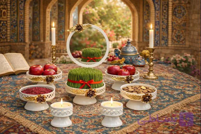 هفت سین با آیینه شمعدان فلزی رنگ ثابت رز