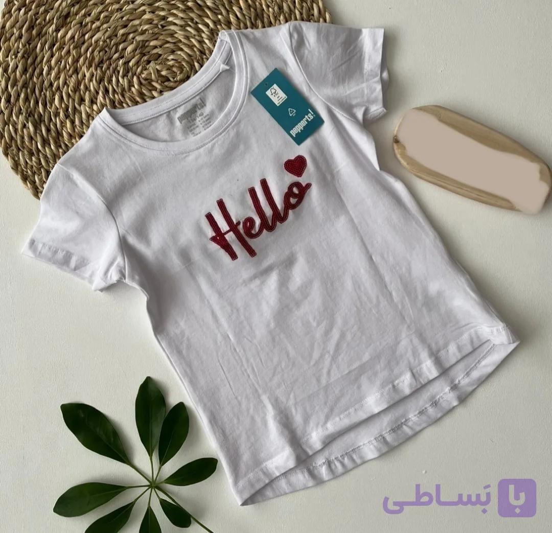 تیشرت آستین کوتاه دخترانه بچگانه سفید پولکی پیپرتس مدل hello