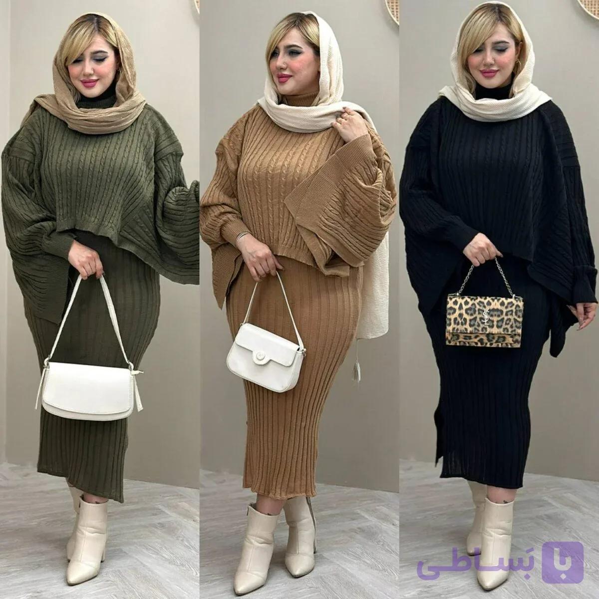 ست زنانه بافت سارافون و رویه مشکی ، نسکافه ای ، سبز EL34662 — تصویر 1