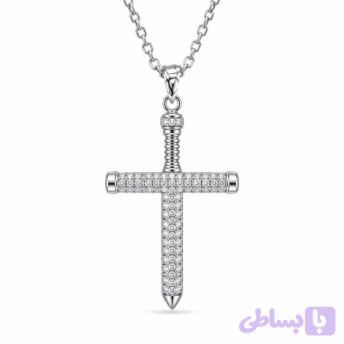گردنبند آویزدار طرح صلیب تمام‌نگین با طراحی میخ کلاسیک (Nail Cross)