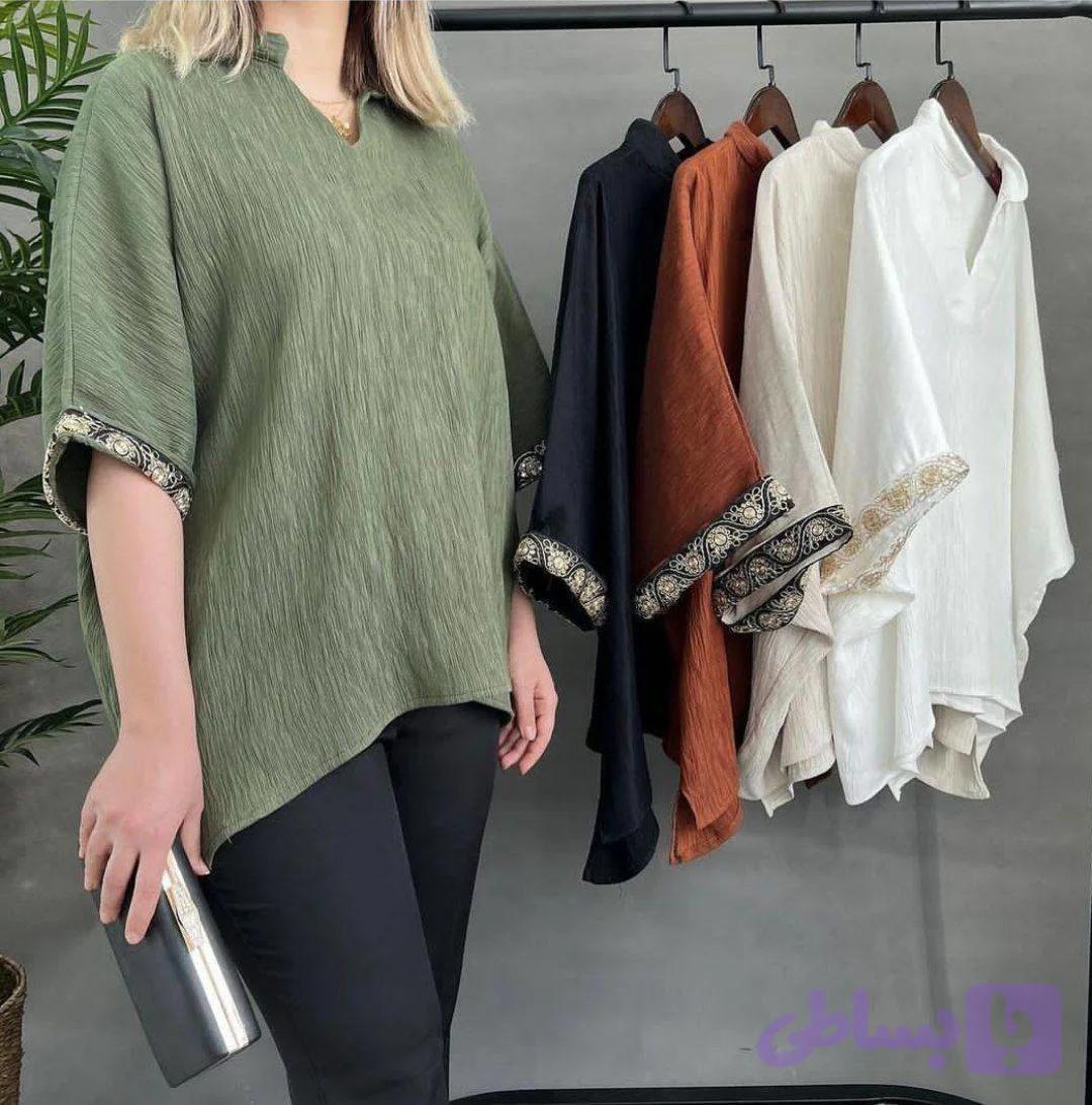 شومیز زنانه سفید کرم آستین کیمونو با نوار گلدوزی مشکی