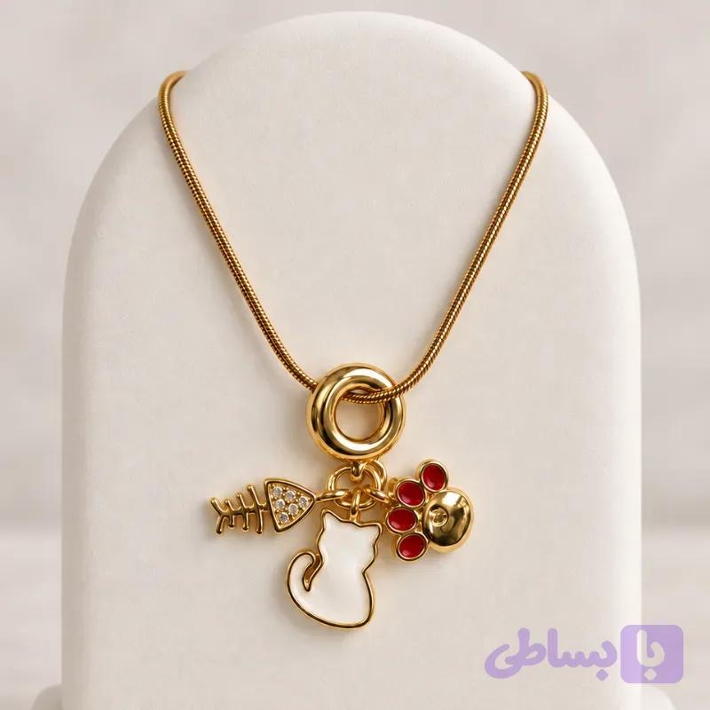 گردنبند چارم استیل زنانه طرح گربه و پنجه و استخوان ماهی — تصویر 1