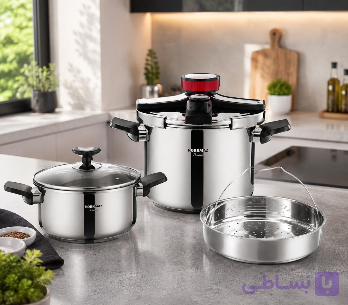 زودپز دوقلو کرکماز مدلprossa  با درب کلیپسی و سبد بخارپز 5و7لیتری — تصویر 1