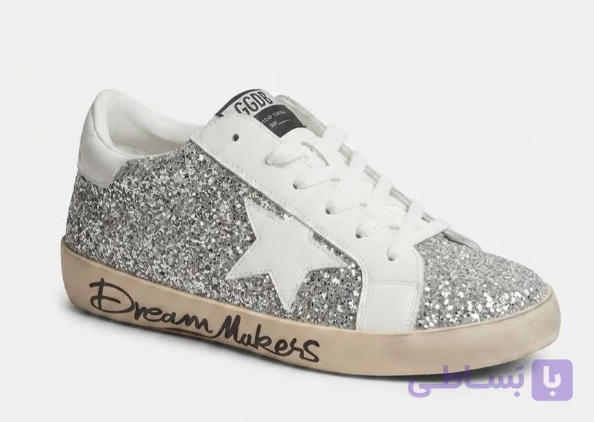 کفش اسنیکر زنانه گلدن گوس (Golden Goose) مدل Super-Star نقره‌ای اکلیلی با نوشته Dream Makers ‌