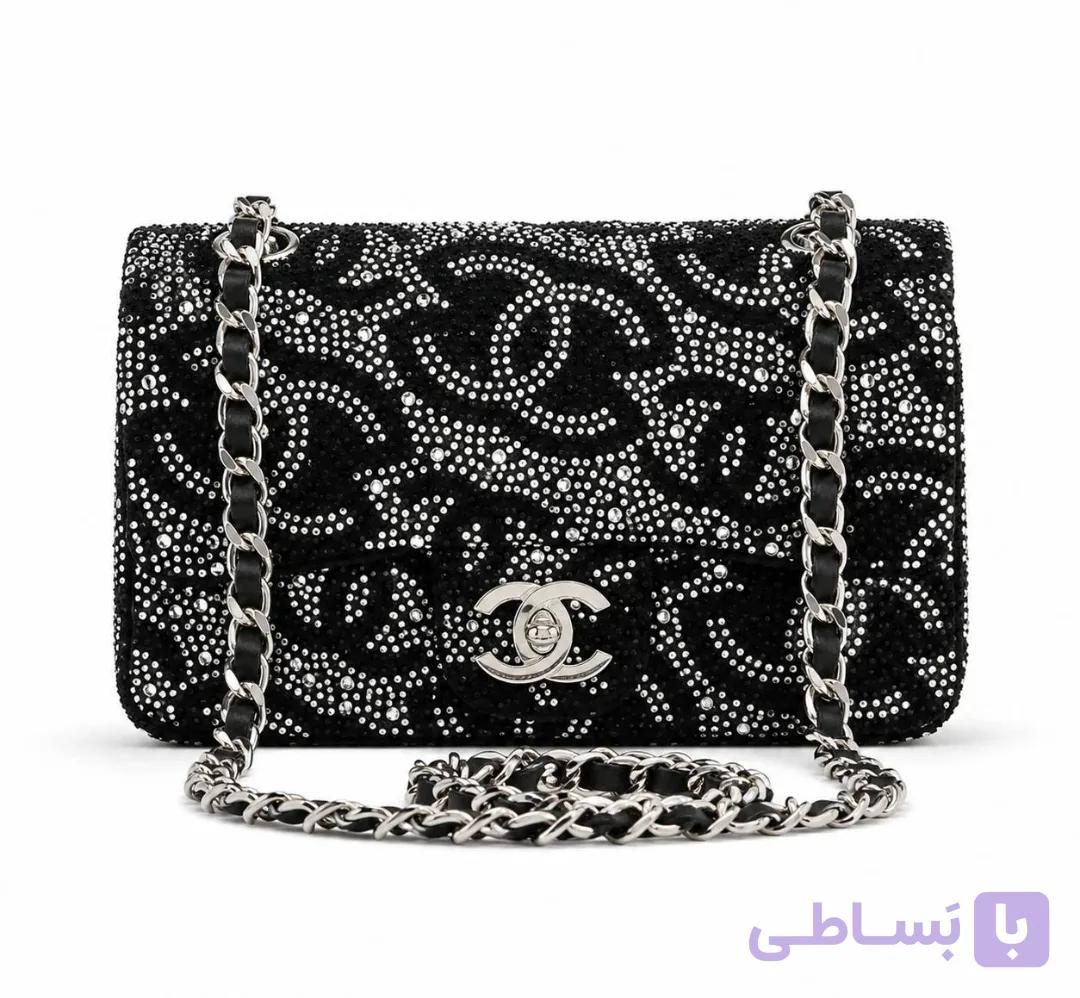 کیف وارداتی دوشی مجلسی زنانه طرح شنل Chanel با تزئینات نگینی _ V