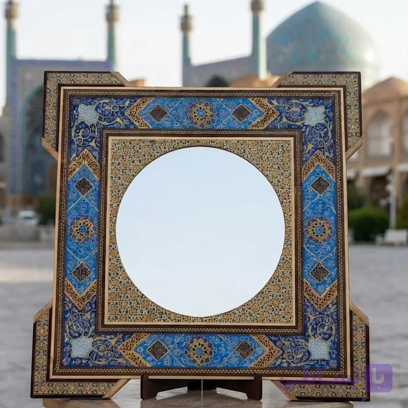 آینه خاتم کاری طرح اسلیمی (تذهیب) چهارگوش — تصویر 1