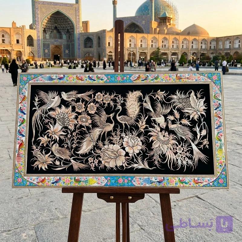 تابلوی قلم زنی به همراه قاب مینیاتور و خاتم کاری سایز 50در 90 — تصویر 1