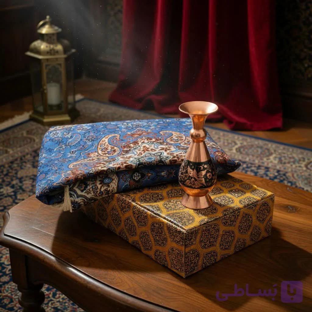 ست هدیه گلدان مسی مدل فیروزه کوبی 16 سانتی با ترمه اعلا — تصویر 1