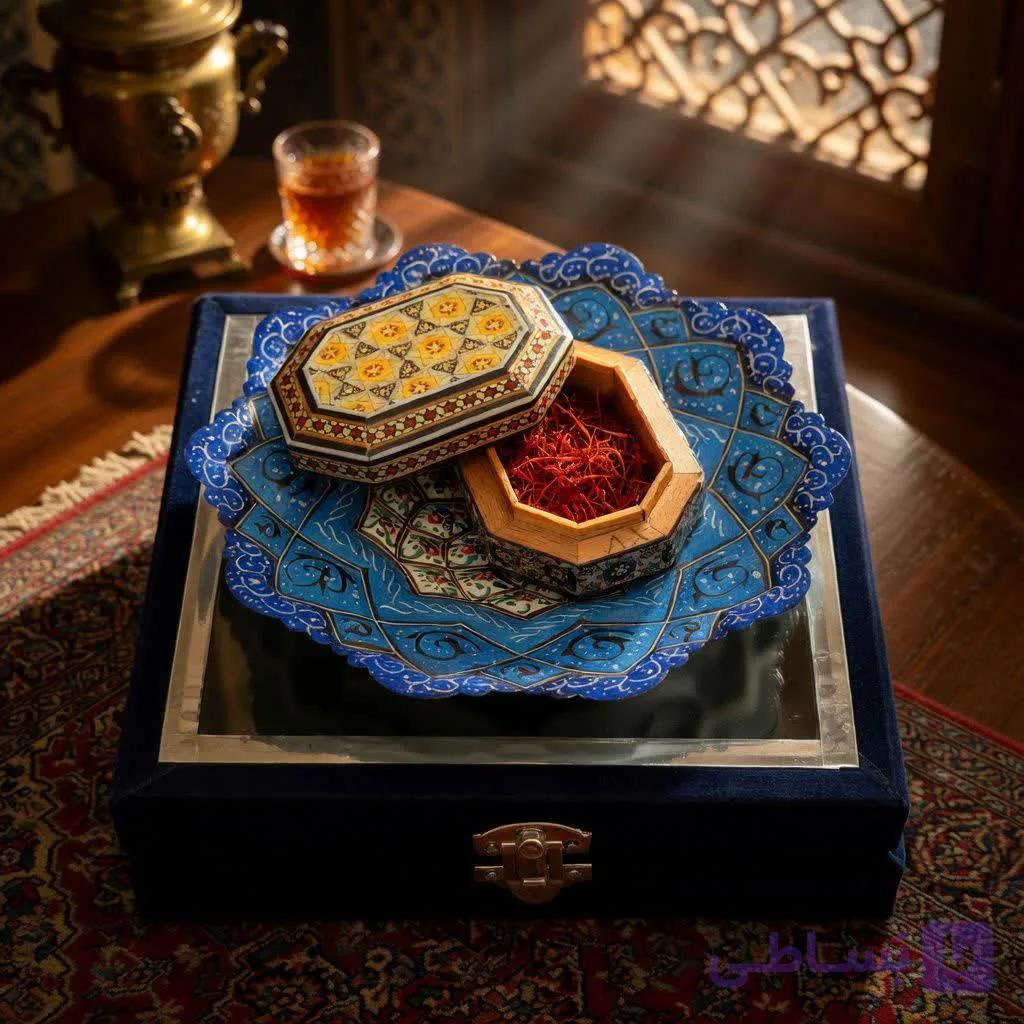 پک هدیه زعفران همراه با بشقاب ۲۵ میناکاری و جعبه خاتم کاری — تصویر 1