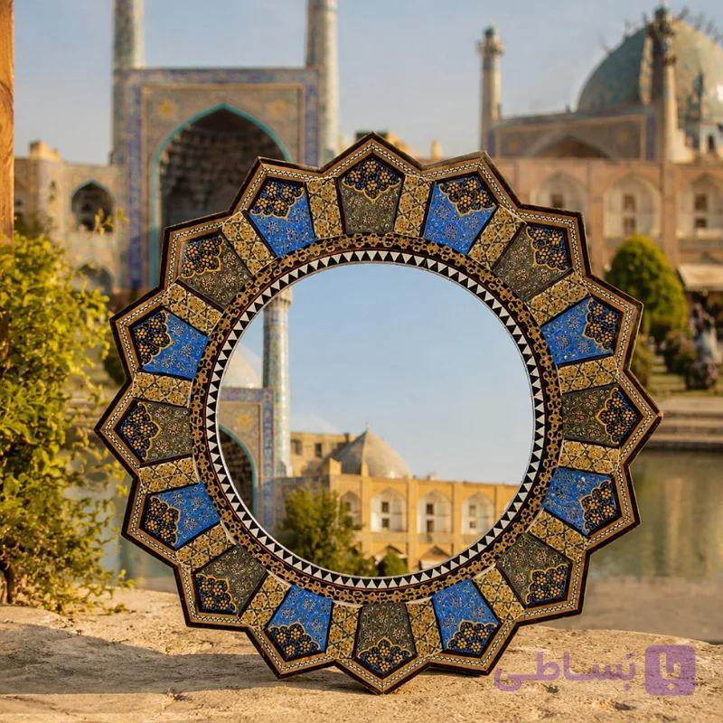 آینه خاتم کاری طرح اسلیمی با قاب خورشیدی — تصویر 1