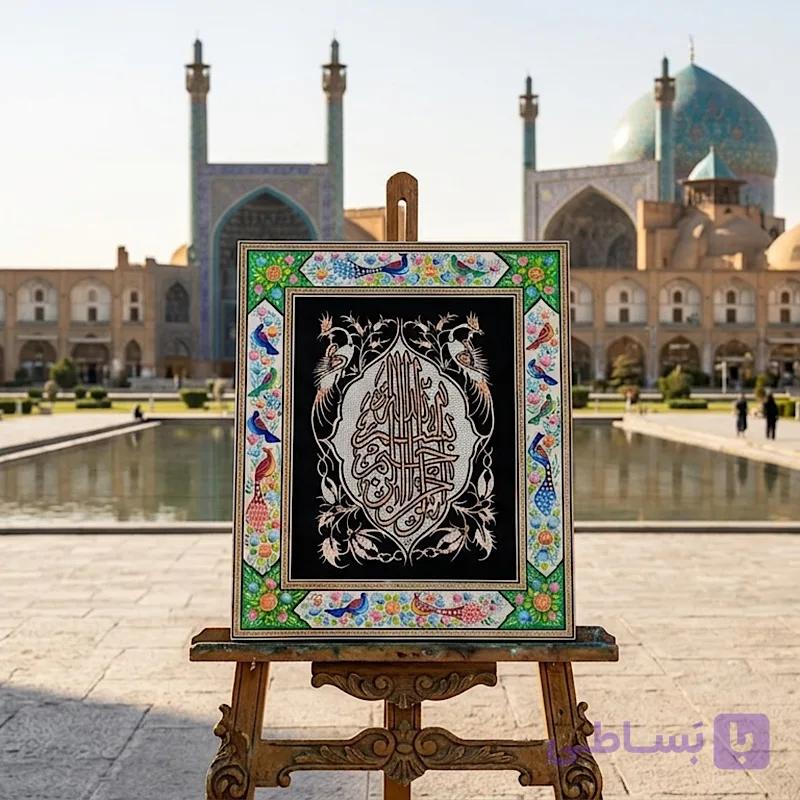 قلمزنی طرح بسم الله با قاب مینیاتور گل و بلبل برجسته 30در40 — تصویر 1