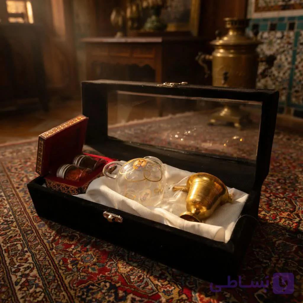 پک هدیه زعفران همراه با قوری قاجاری و هاون و جعبه خاتم کاری — تصویر 1