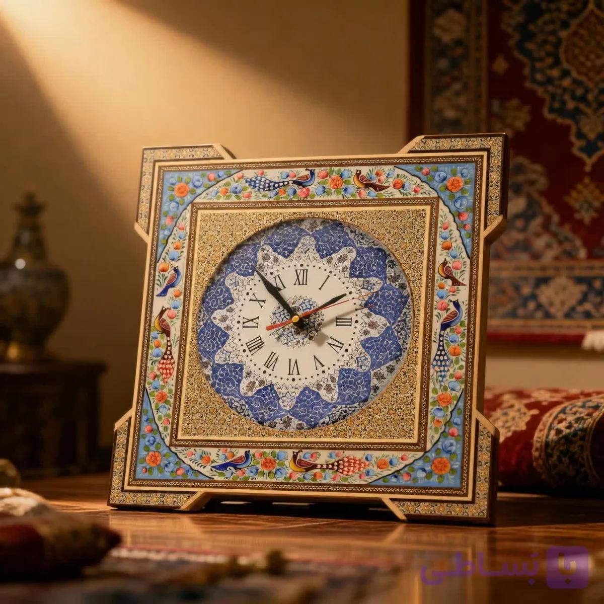 ساعت چهار گوش خاتم کاری طرح گل و بلبل ۴۲در۴۲ — تصویر 1