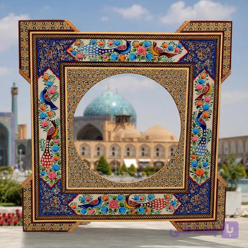 آینه خاتم کاری طرح گل و بلبل گرد — تصویر 1