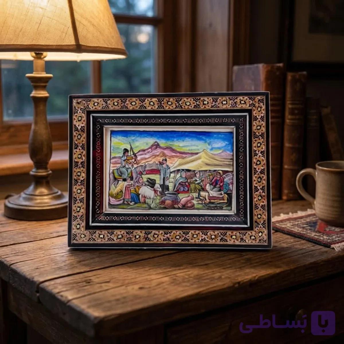 نقاشی مینیاتور طرح ایلیات (عشایری) با قاب خاتم کاری تک گل — تصویر 1