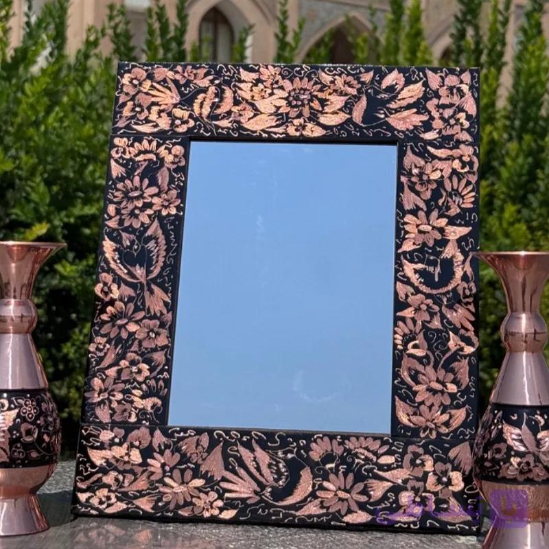 آینه مسی مدل الماس تراش طرح گل وبلبل — تصویر 1