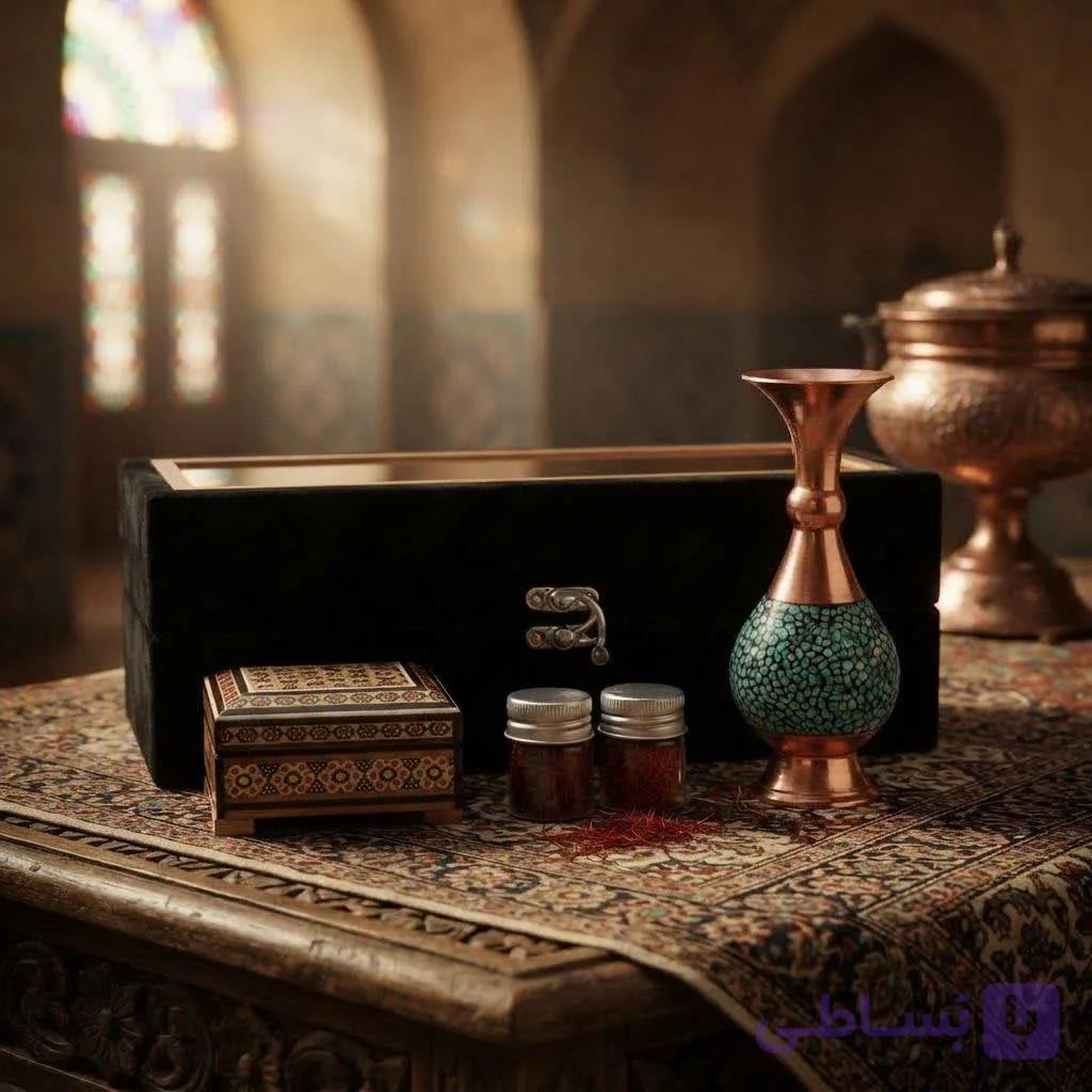 جعبه زعفران خاتم کاری به همراه گلدان فیروزه کوبی — تصویر 1